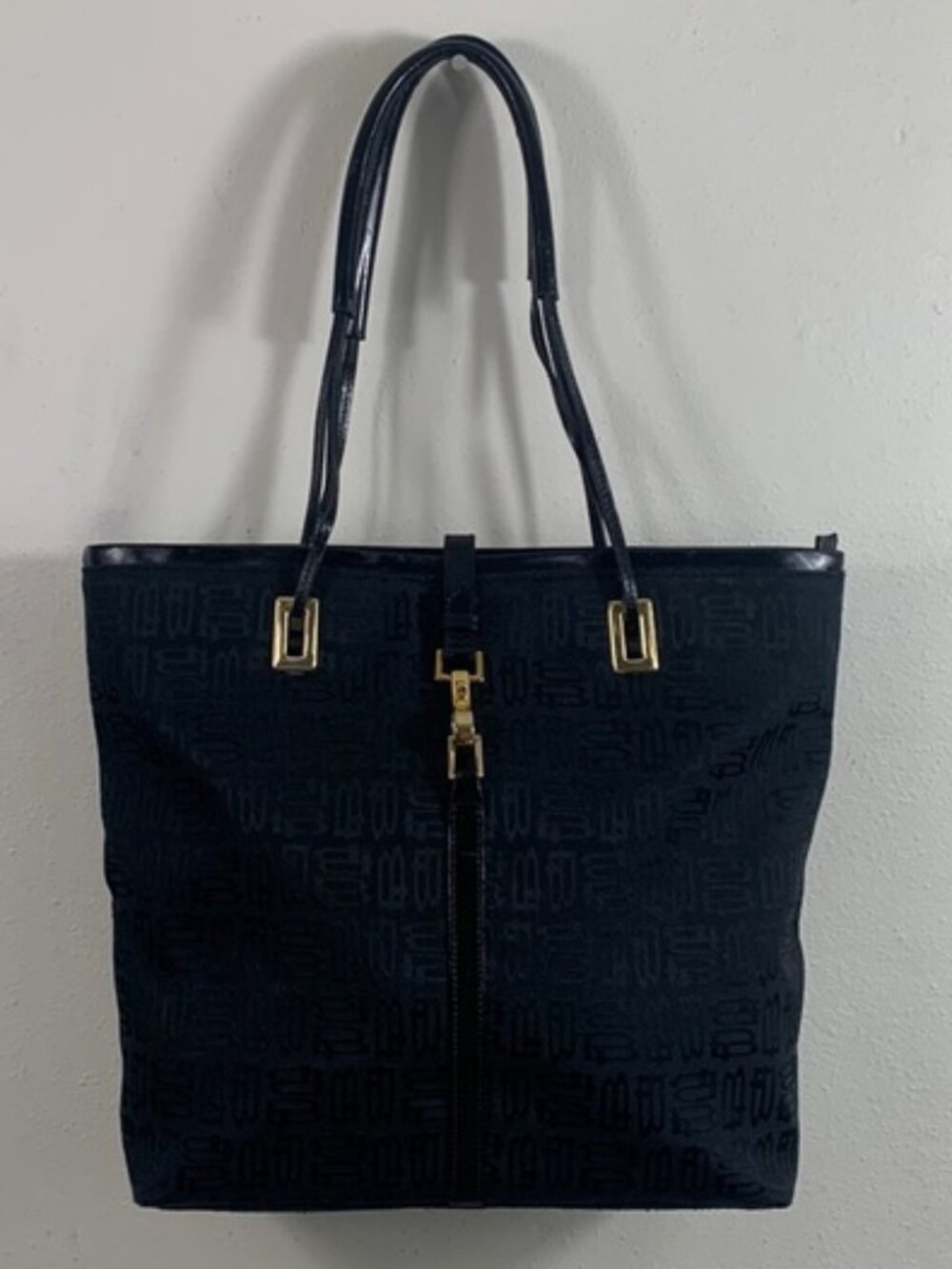 Tosca Blu Italy Tote Bag Large Black Canvas Monogram Gold Hardware Purse